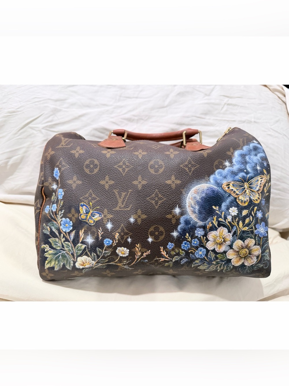 Hand Painted Louis Vuitton Speedy 30 with Celestial Floral Butterfly Moth Motif - Picture 2 of 12